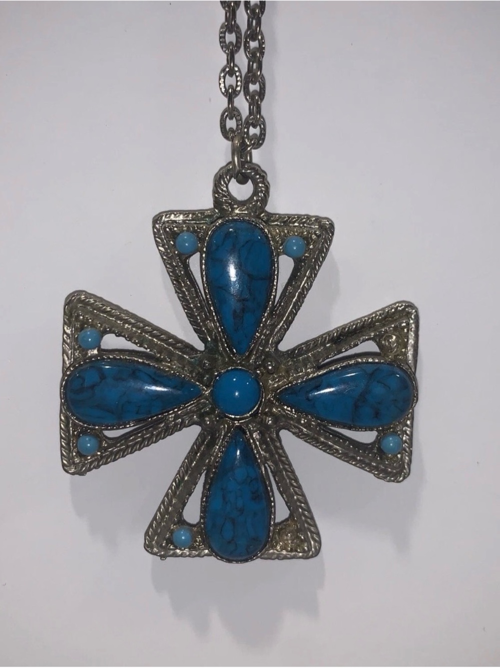 Vintage Silvertone Cross Faux Turquoise Necklace Chain Pendent Costume Jewelry
